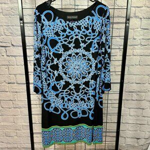 Jessica Howard Geometric Print Dress | Size 16 Black Blue 3/4 Sleeve Shift